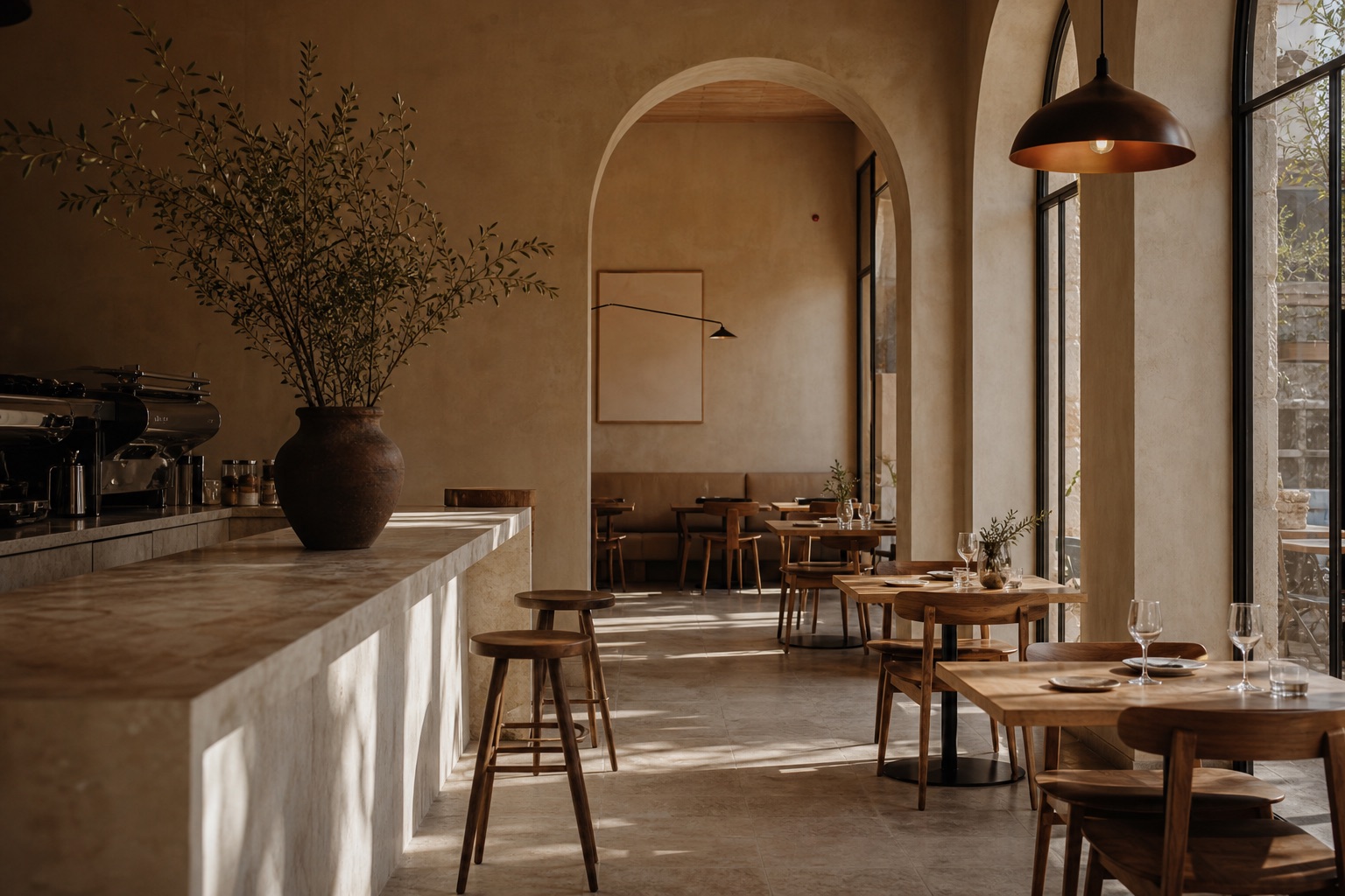 Lieu chaleureux avec tables, lumière et ambiance de restaurant