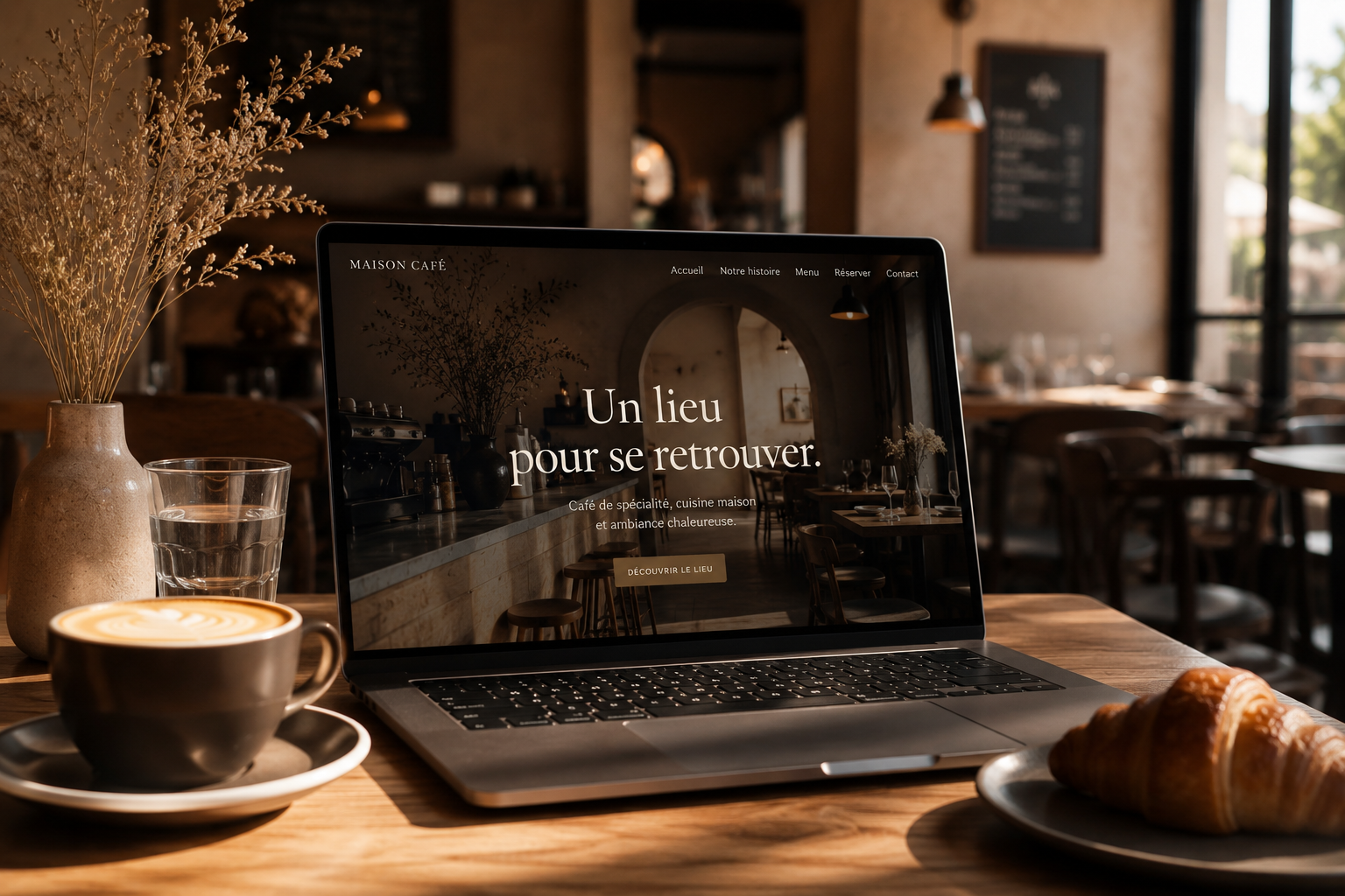 Ordinateur portable affichant un site dans une ambiance de café