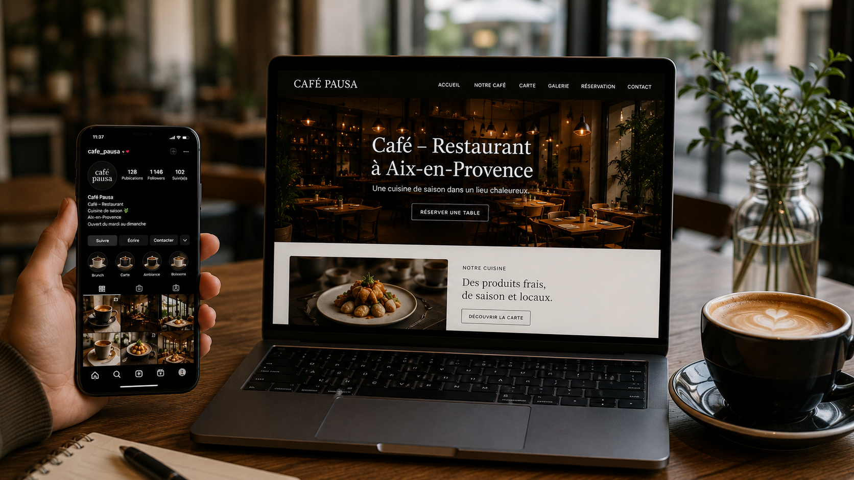 Ordinateur portable affichant un site professionnel sur une table de café
