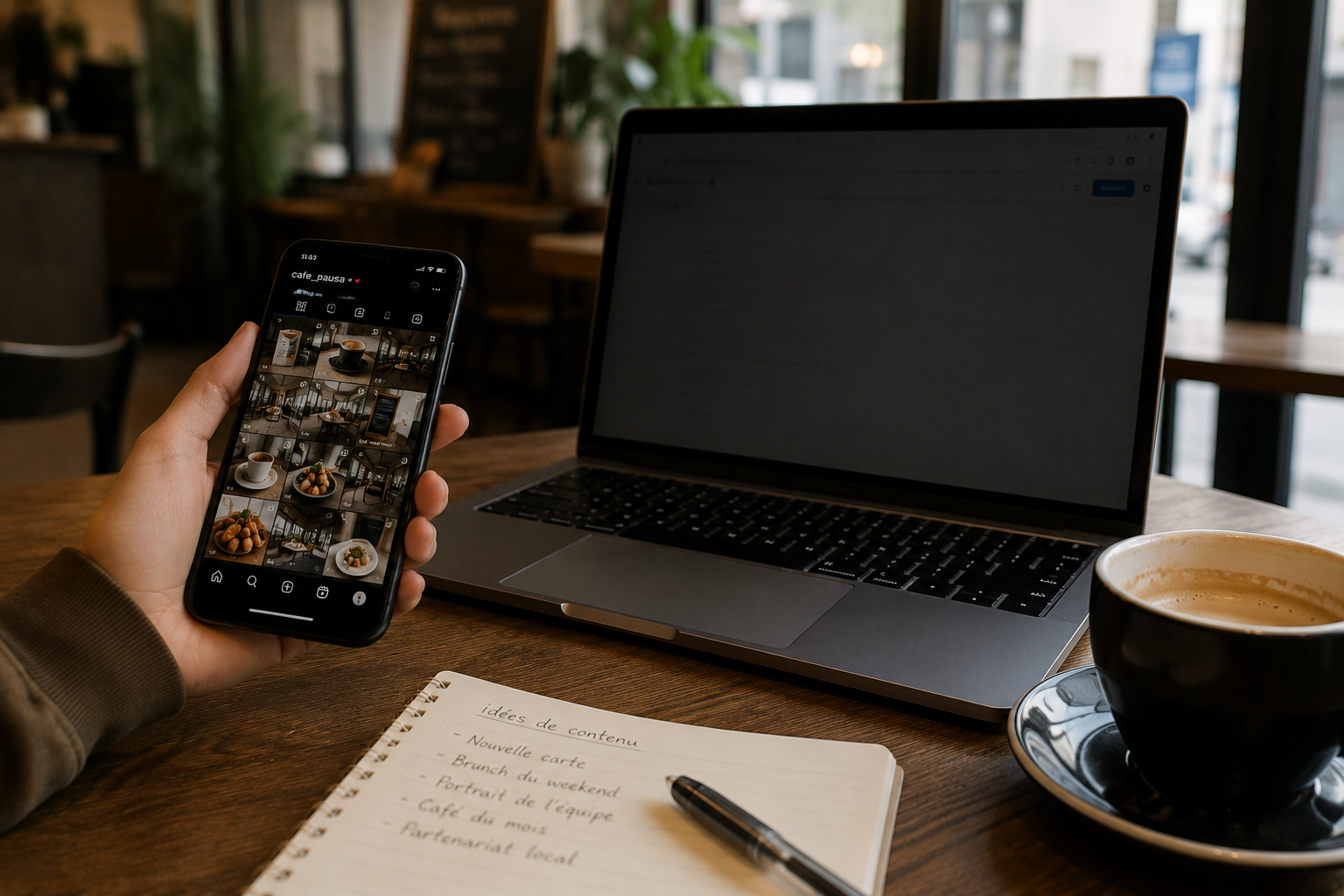 Téléphone affichant un fil de contenus sociaux dans un café